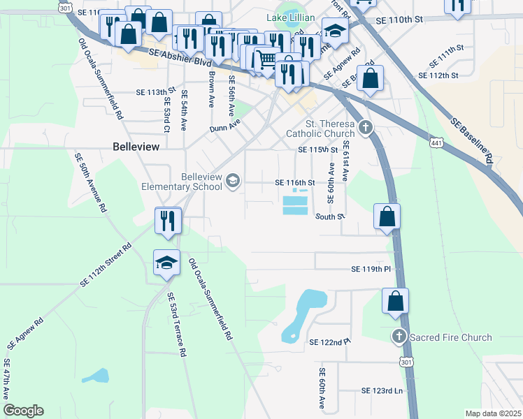 map of restaurants, bars, coffee shops, grocery stores, and more near 11703 Southeast 57th Avenue in Belleview