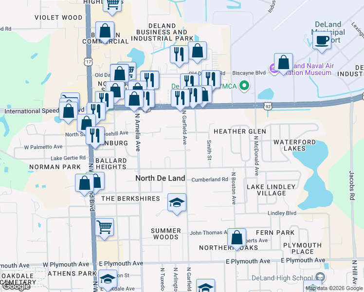 map of restaurants, bars, coffee shops, grocery stores, and more near 1413 North Garfield Avenue in DeLand