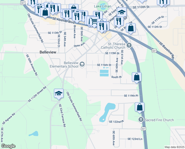 map of restaurants, bars, coffee shops, grocery stores, and more near 11703 Southeast 57th Avenue in Belleview