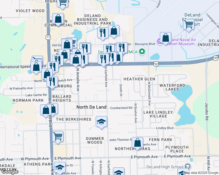 map of restaurants, bars, coffee shops, grocery stores, and more near 1413 North Garfield Avenue in DeLand