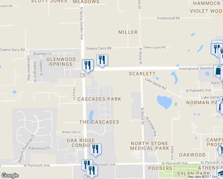 map of restaurants, bars, coffee shops, grocery stores, and more near 933 Cascades Park Trail in DeLand