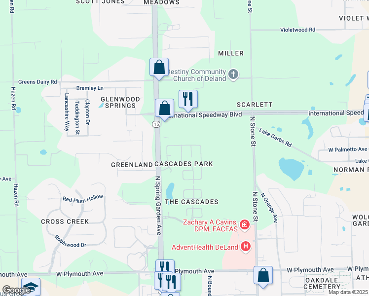 map of restaurants, bars, coffee shops, grocery stores, and more near 1369 Lazy River Lane in DeLand