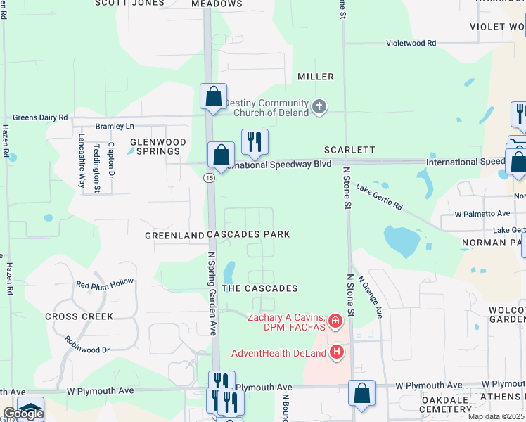 map of restaurants, bars, coffee shops, grocery stores, and more near 942 Cascades Park Trail in DeLand
