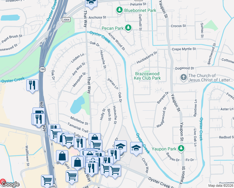 map of restaurants, bars, coffee shops, grocery stores, and more near 207 Oak Drive in Lake Jackson