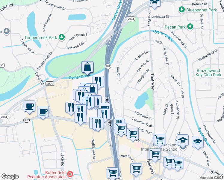 map of restaurants, bars, coffee shops, grocery stores, and more near 115 Silver Bay Lane in Lake Jackson