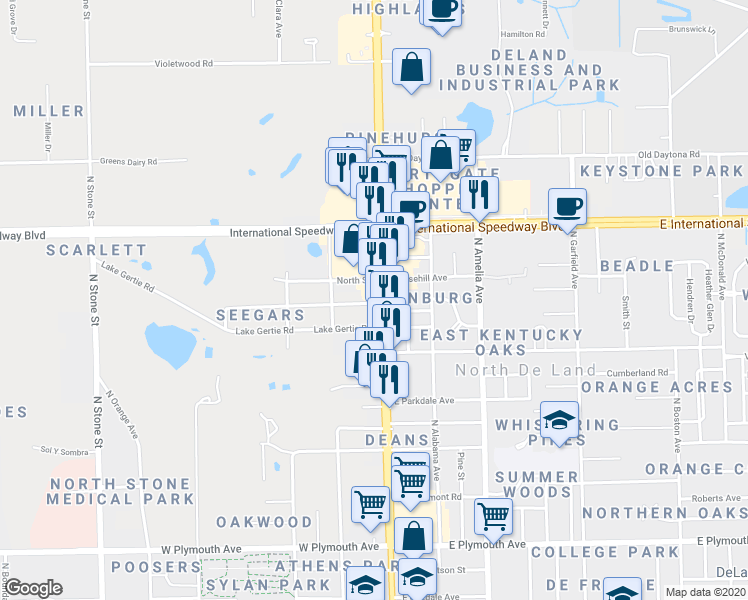 map of restaurants, bars, coffee shops, grocery stores, and more near 1402 North Woodland Boulevard in DeLand