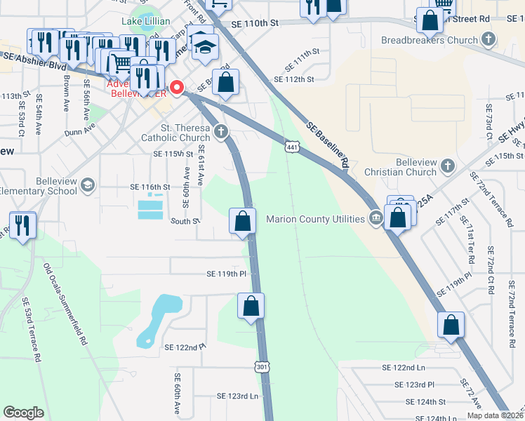 map of restaurants, bars, coffee shops, grocery stores, and more near 11745 U.S. 301 in Belleview