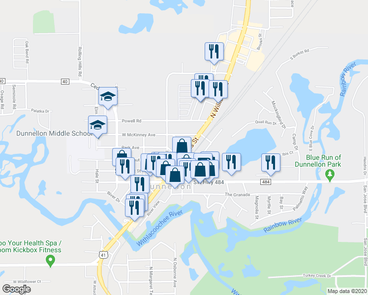 map of restaurants, bars, coffee shops, grocery stores, and more near 11824 North Williams Street in Dunnellon