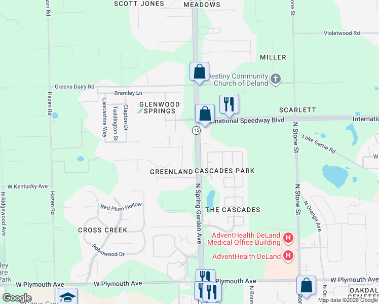 map of restaurants, bars, coffee shops, grocery stores, and more near 1429 Canary Drive in DeLand
