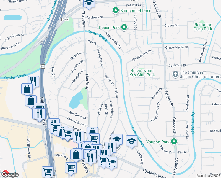 map of restaurants, bars, coffee shops, grocery stores, and more near 355 Huisache Street in Lake Jackson