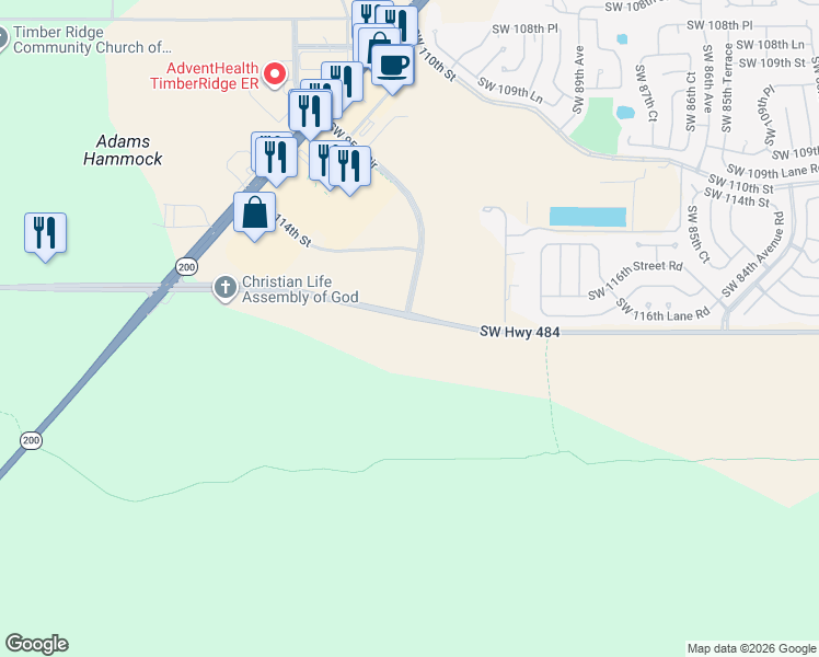 map of restaurants, bars, coffee shops, grocery stores, and more near 9290 Southwest County Highway 484 in Ocala