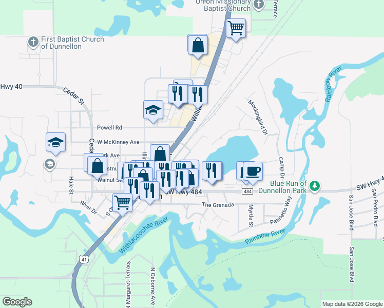 map of restaurants, bars, coffee shops, grocery stores, and more near 11791 Bostick Street in Dunnellon