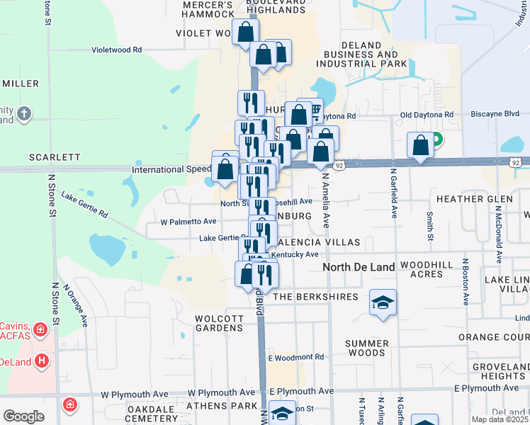 map of restaurants, bars, coffee shops, grocery stores, and more near 1402 North Woodland Boulevard in DeLand