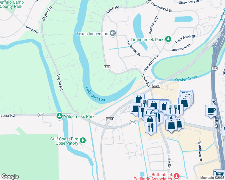 map of restaurants, bars, coffee shops, grocery stores, and more near 53 Lake Road in Lake Jackson