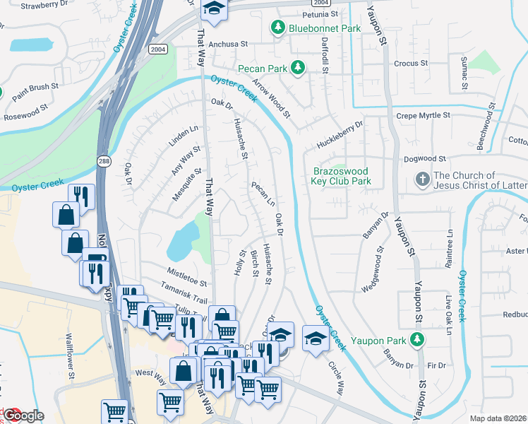 map of restaurants, bars, coffee shops, grocery stores, and more near 355 Huisache Street in Lake Jackson