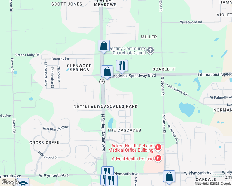 map of restaurants, bars, coffee shops, grocery stores, and more near 957 Cascades Park Trail in DeLand