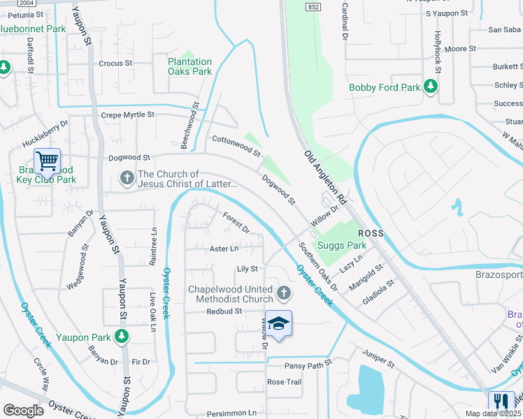 map of restaurants, bars, coffee shops, grocery stores, and more near 419 Southern Oaks Drive in Lake Jackson