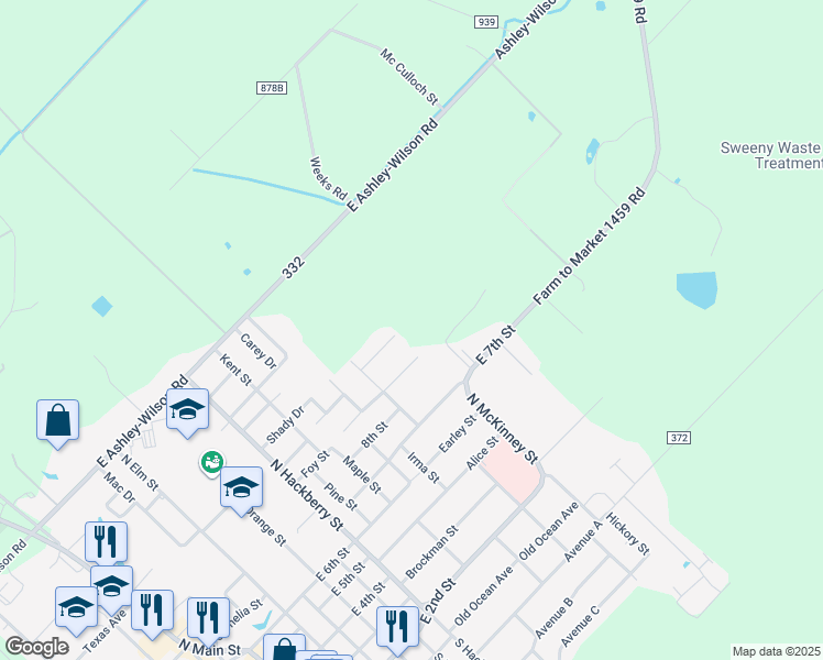 map of restaurants, bars, coffee shops, grocery stores, and more near 1459 East 7th Street in Sweeny