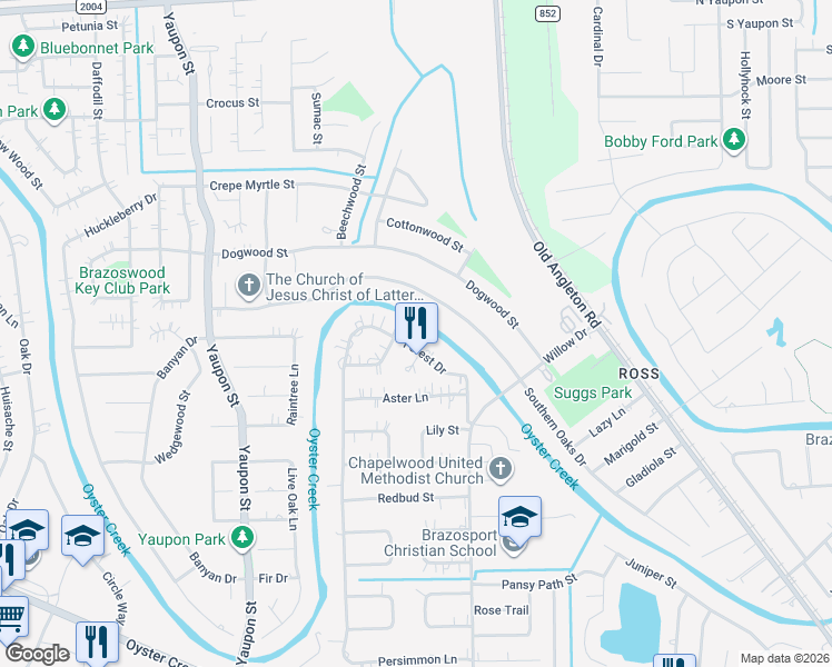 map of restaurants, bars, coffee shops, grocery stores, and more near 434 Forest Drive in Lake Jackson