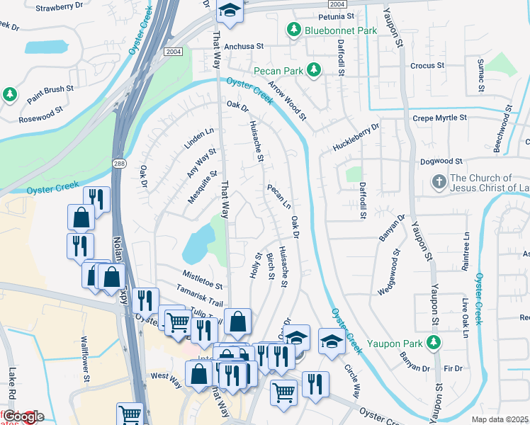 map of restaurants, bars, coffee shops, grocery stores, and more near 355 Huisache Street in Lake Jackson