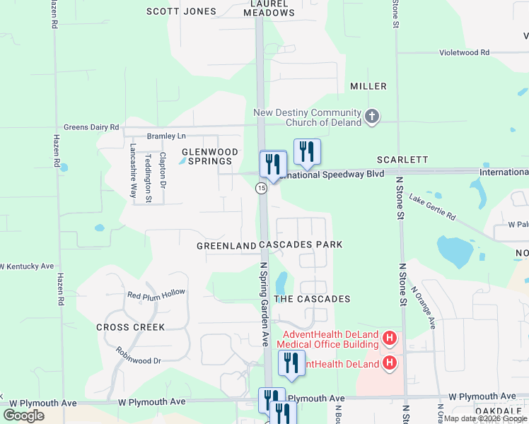 map of restaurants, bars, coffee shops, grocery stores, and more near 1429 Canary Drive in DeLand