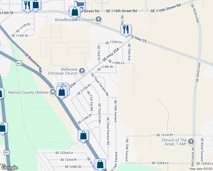 map of restaurants, bars, coffee shops, grocery stores, and more near 7377 Southeast 116th Street Road in Belleview