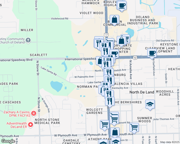 map of restaurants, bars, coffee shops, grocery stores, and more near 230 North Street in DeLand