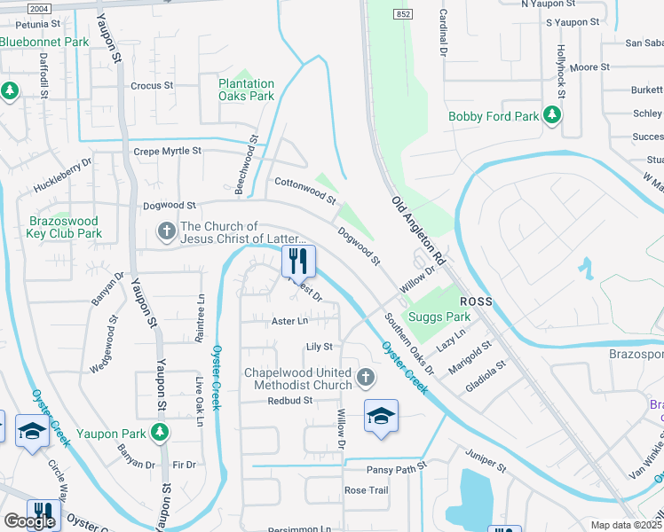 map of restaurants, bars, coffee shops, grocery stores, and more near 419 Southern Oaks Drive in Lake Jackson