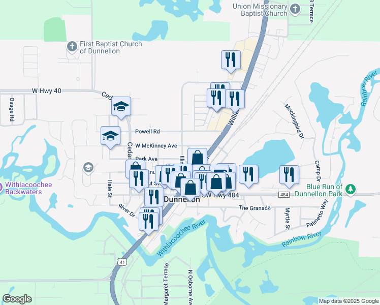 map of restaurants, bars, coffee shops, grocery stores, and more near 11824 North Williams Street in Dunnellon
