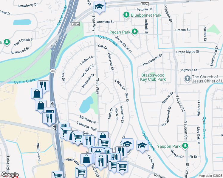 map of restaurants, bars, coffee shops, grocery stores, and more near 355 Huisache Street in Lake Jackson
