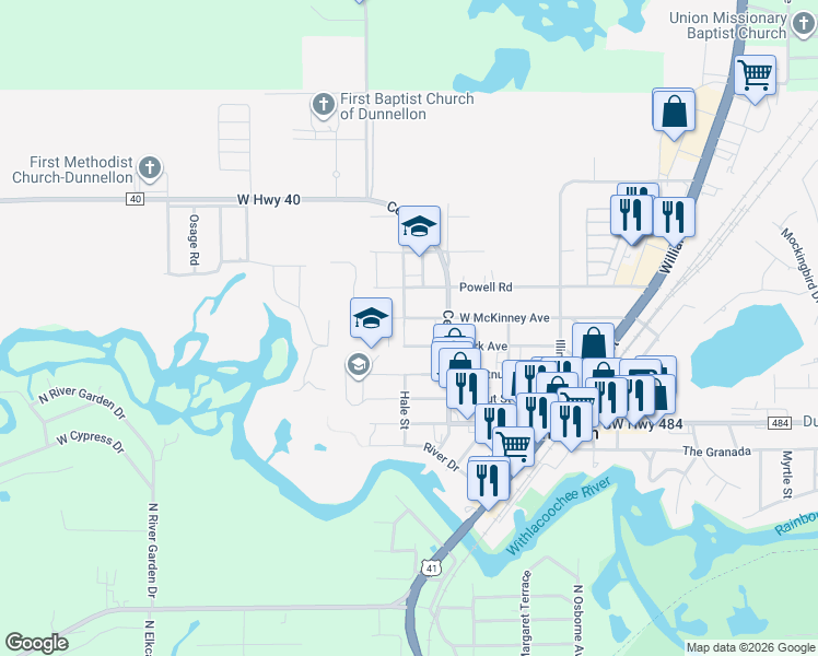 map of restaurants, bars, coffee shops, grocery stores, and more near 21005 Chestnut Street in Dunnellon