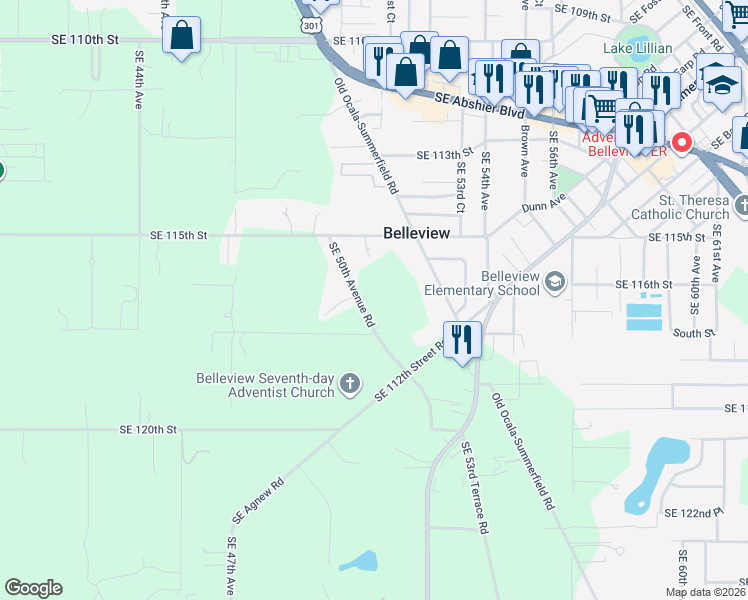 map of restaurants, bars, coffee shops, grocery stores, and more near 5096 Southeast 115th Street in Belleview