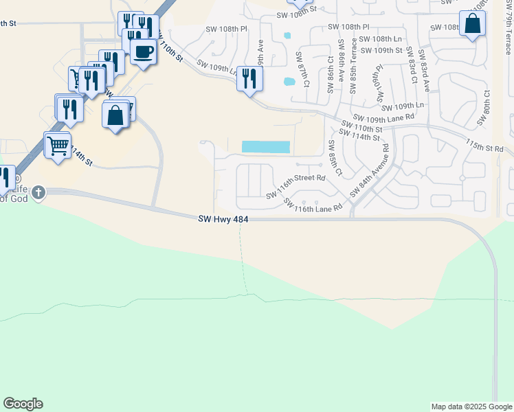 map of restaurants, bars, coffee shops, grocery stores, and more near 8915 Southwest 116th Street Road in Ocala