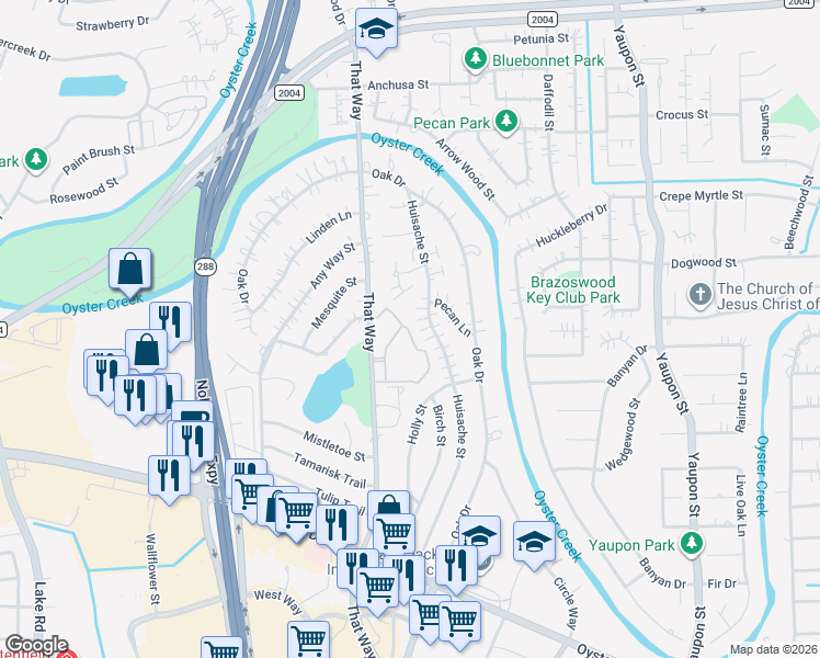map of restaurants, bars, coffee shops, grocery stores, and more near 514 That Way in Lake Jackson