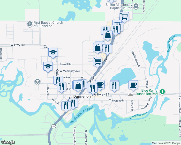 map of restaurants, bars, coffee shops, grocery stores, and more near 20473 West McKinney Avenue in Dunnellon