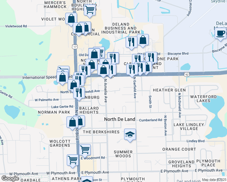 map of restaurants, bars, coffee shops, grocery stores, and more near 350 East International Speedway Boulevard in DeLand