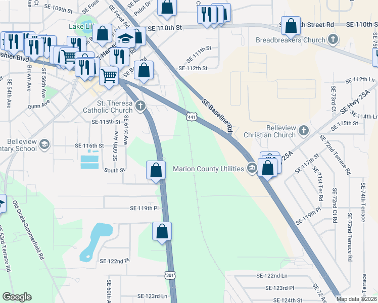 map of restaurants, bars, coffee shops, grocery stores, and more near 6432 Southeast 115th Lane in Belleview