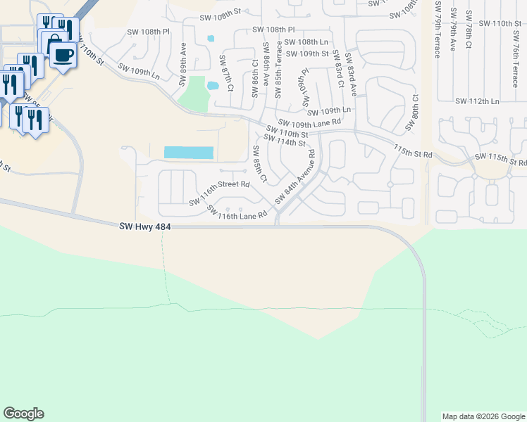 map of restaurants, bars, coffee shops, grocery stores, and more near 8679 Southwest 116th Place Road in Ocala