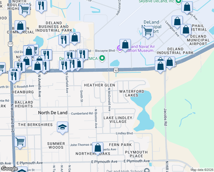 map of restaurants, bars, coffee shops, grocery stores, and more near 1408 Lake Lindley Drive North in DeLand