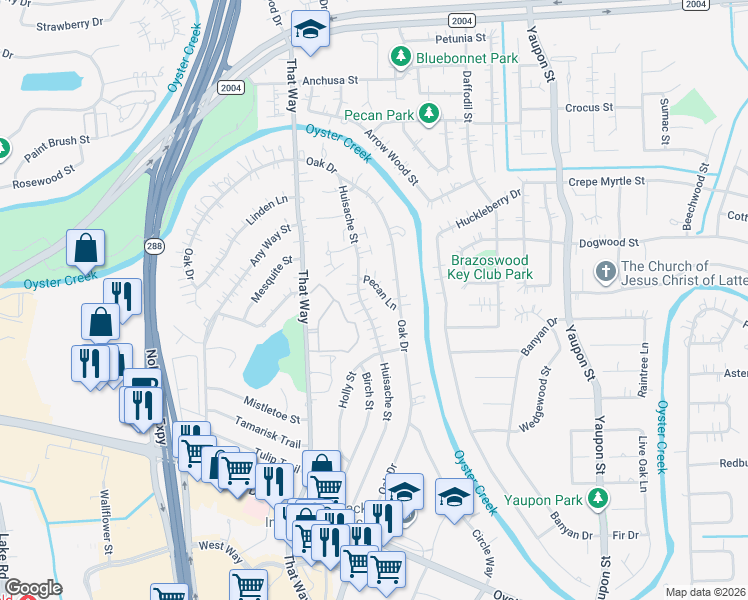 map of restaurants, bars, coffee shops, grocery stores, and more near 121 Pecan Lane in Lake Jackson