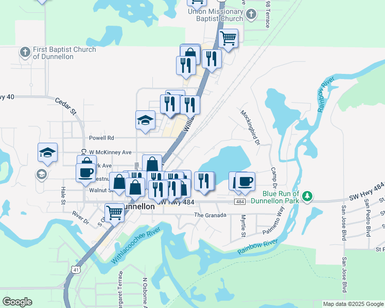 map of restaurants, bars, coffee shops, grocery stores, and more near 11734 Bostick Street in Dunnellon