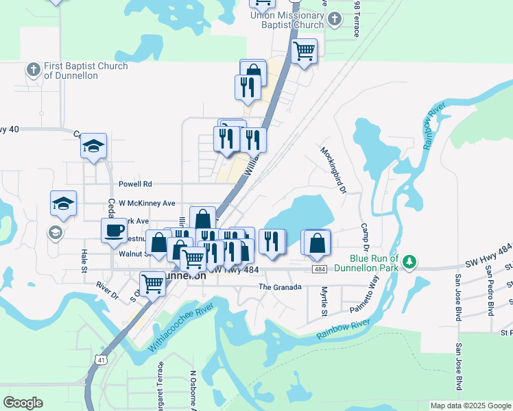 map of restaurants, bars, coffee shops, grocery stores, and more near 11751 Bostick Street in Dunnellon