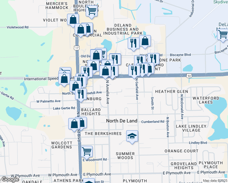 map of restaurants, bars, coffee shops, grocery stores, and more near 350 East International Speedway Boulevard in DeLand