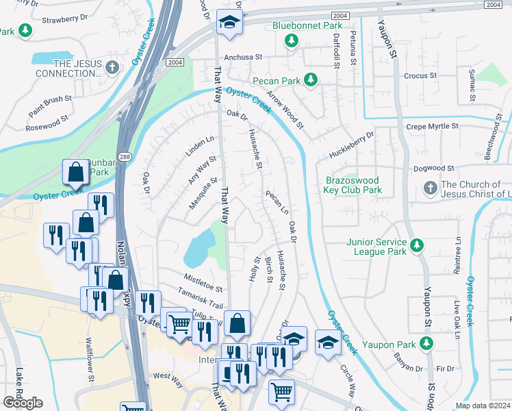 map of restaurants, bars, coffee shops, grocery stores, and more near 514 That Way in Lake Jackson