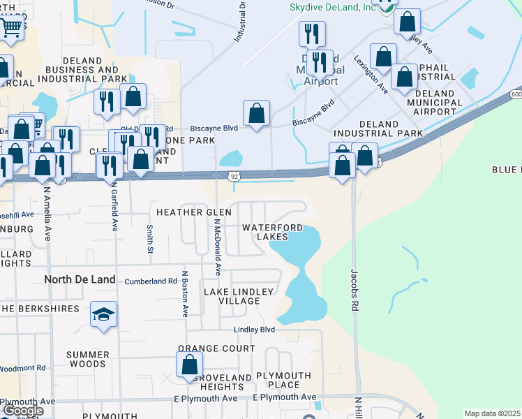 map of restaurants, bars, coffee shops, grocery stores, and more near 1409 Cottage Hill Drive in DeLand