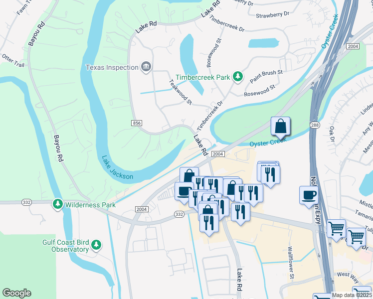 map of restaurants, bars, coffee shops, grocery stores, and more near 58 Lake Road in Lake Jackson