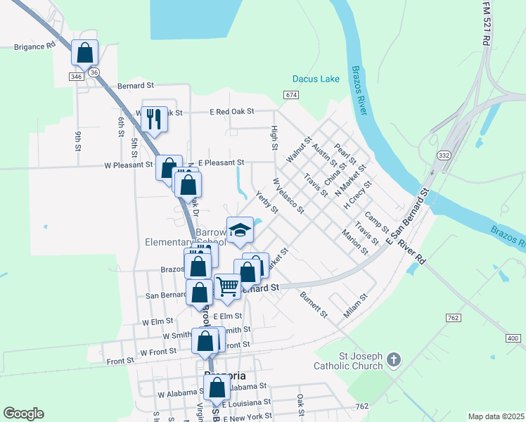 map of restaurants, bars, coffee shops, grocery stores, and more near 301 Yerby Street in Brazoria