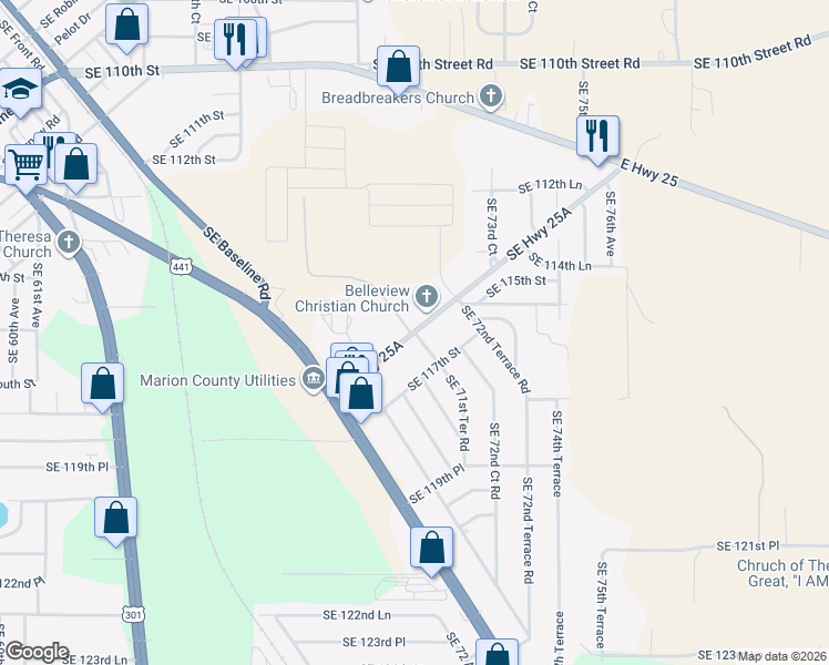 map of restaurants, bars, coffee shops, grocery stores, and more near Southeast Highway 25A in Belleview
