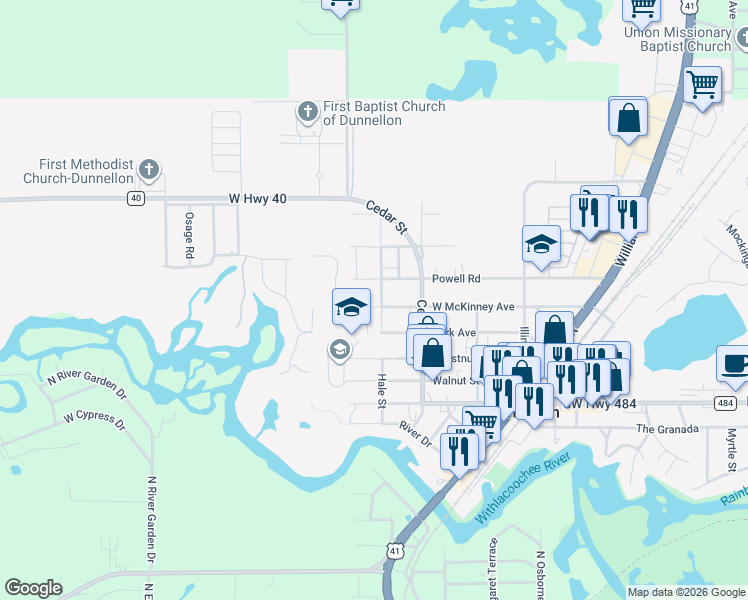 map of restaurants, bars, coffee shops, grocery stores, and more near 20929 West McKinney Avenue in Dunnellon