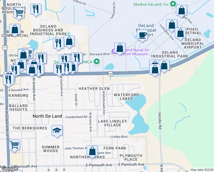 map of restaurants, bars, coffee shops, grocery stores, and more near 1408 Lake Lindley Drive North in DeLand